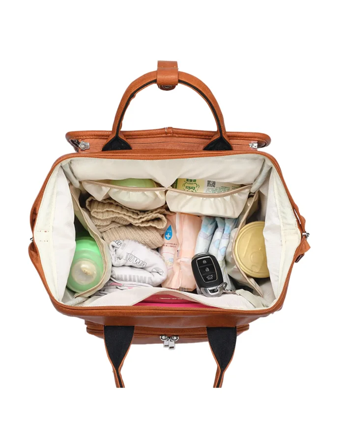 Fashionable PU Leather Diaper Backpack With Flap Inner