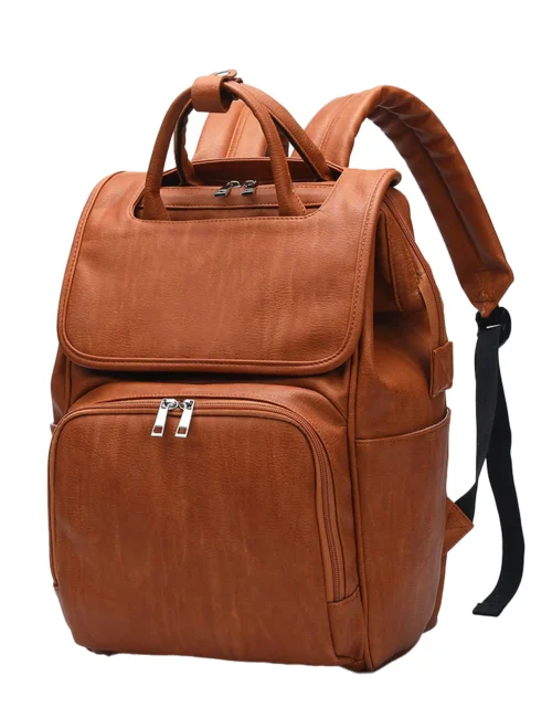 Fashionable PU Leather Diaper Backpack With Flap front