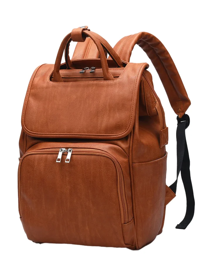 Fashionable PU Leather Diaper Backpack With Flap front